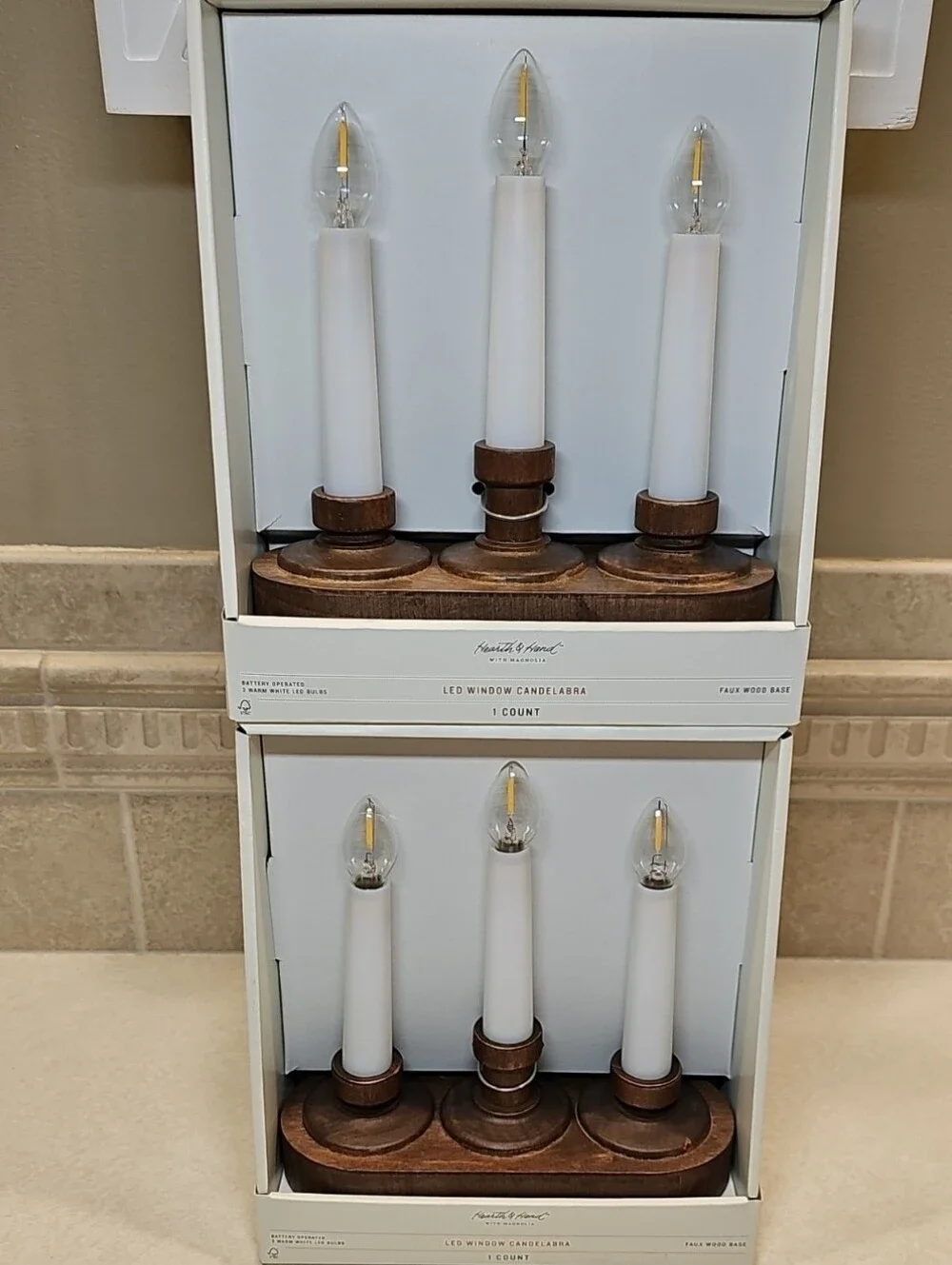2 SETS Hearth & Hand LED Window Candelabra With Wooden Base